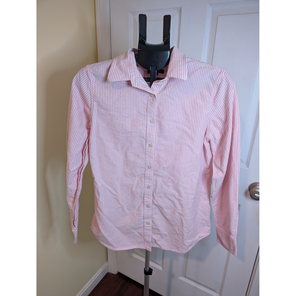 Lands End Button Down Shirt Womens Medium 10-12 Pink‎ Striped Long Sleeve Cotton